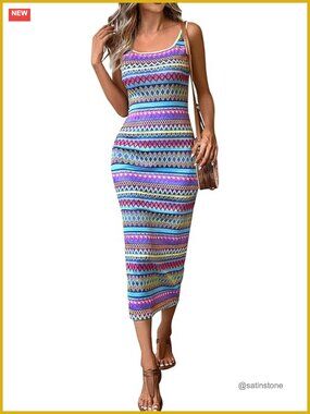 Sleeveless Square Neck Maxi Dress with Side Slit, Bohemian Striped Beach